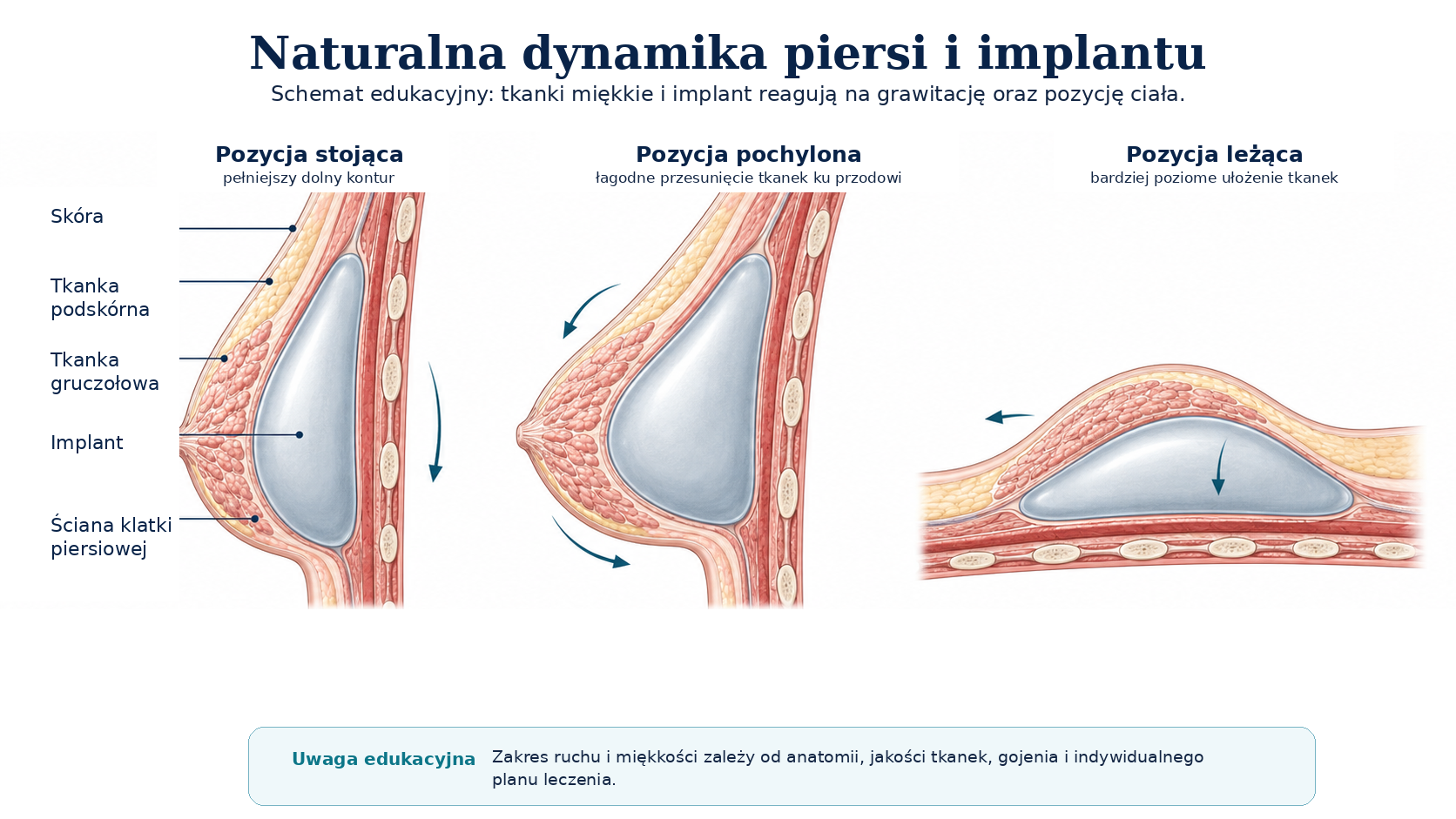Profesjonalna ilustracja medyczna naturalnej dynamiki piersi i implantu w różnych pozycjach