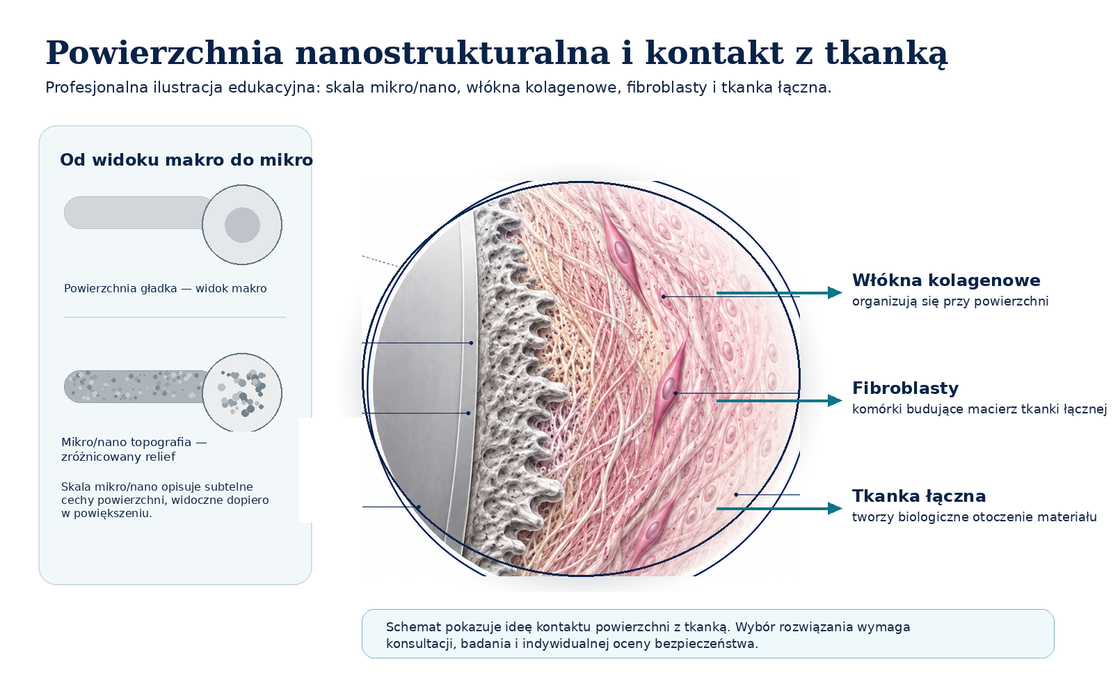 Profesjonalna ilustracja topografii powierzchni implantu i kontaktu z tkanką